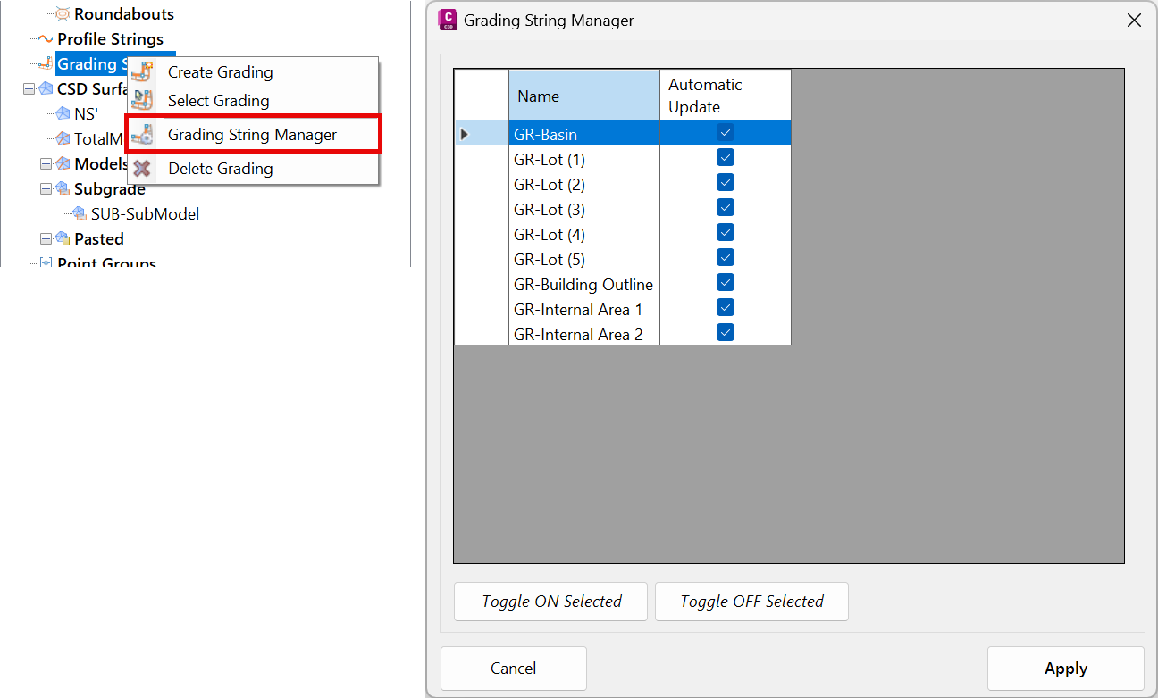 Toolspace – Grading String Manager